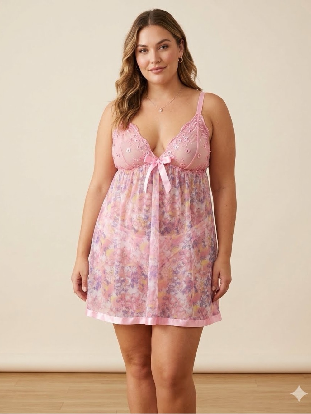 2 PC NWT Spree Intimates Pink Lace Chemise with matching thong panty - 2X